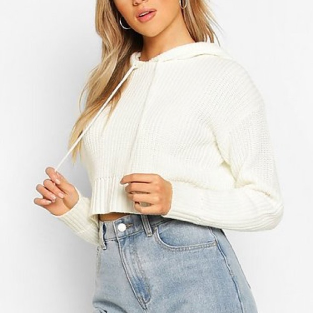 Boohoo Hoodie Cropped Sweater Jumper Cream ii